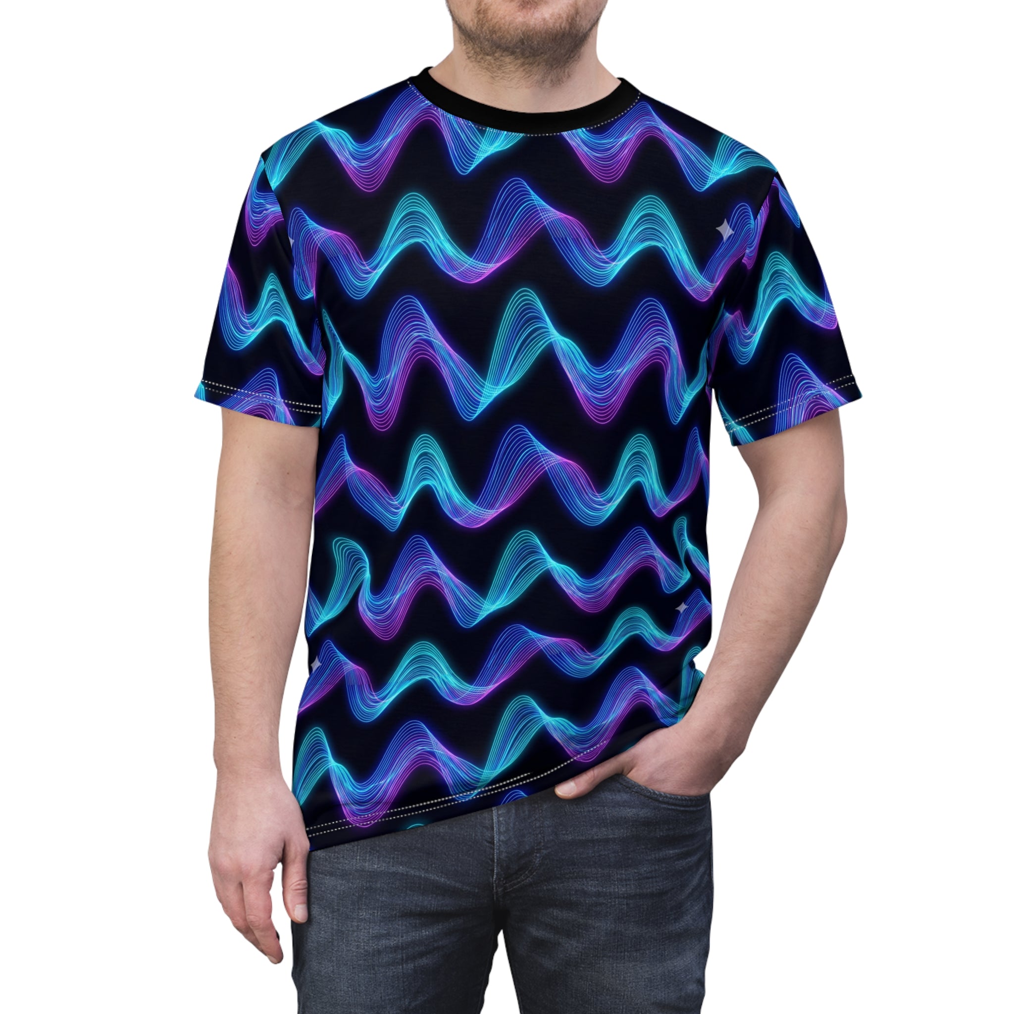 Neon Wave Graphic Tee — Blue & Purple All-Over Print