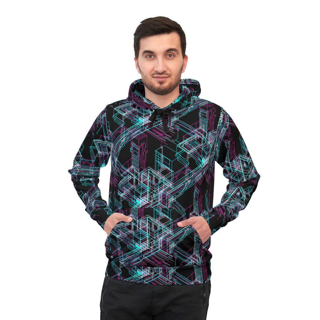 Geometric Neon Maze Hoodie — All-Over Print Athletic Pullover