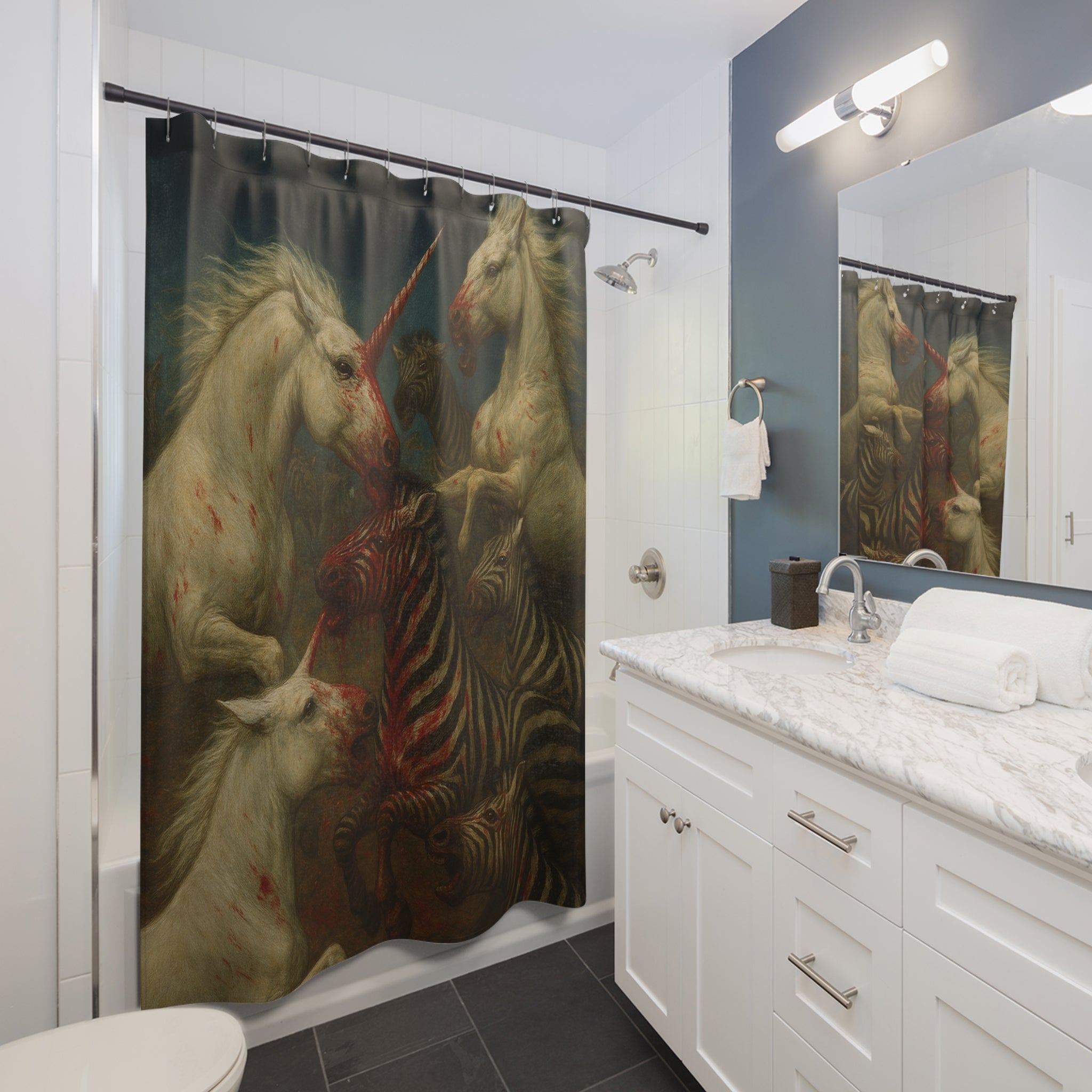 Unicorn Battle Shower Curtain, Artistic Home Decor, Unique Bathroom Accessories, Colorful Unicorn Design, Gifts for Unicorn Lovers