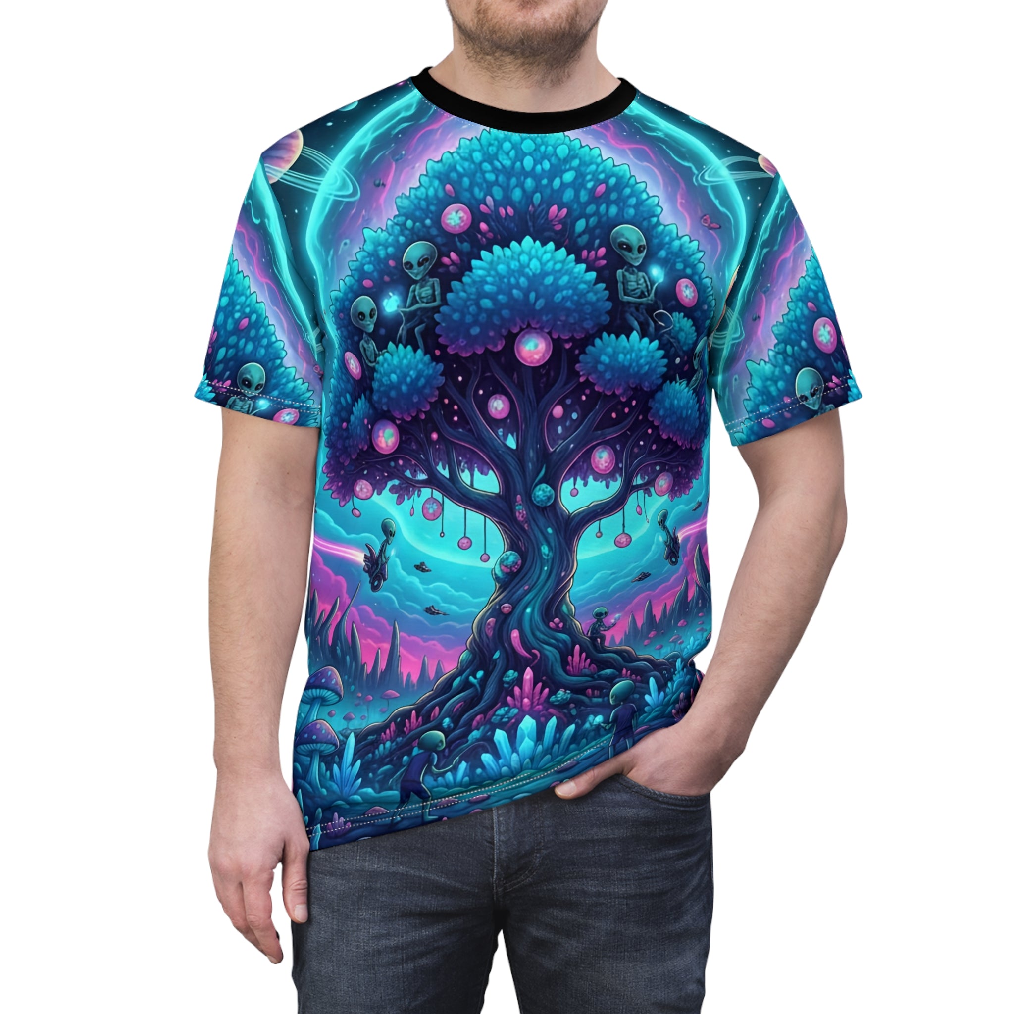 Cosmic Tree Unisex Cutting-Edge Tee – Vibrant AOP Design for Nature Lovers and Dreamers
