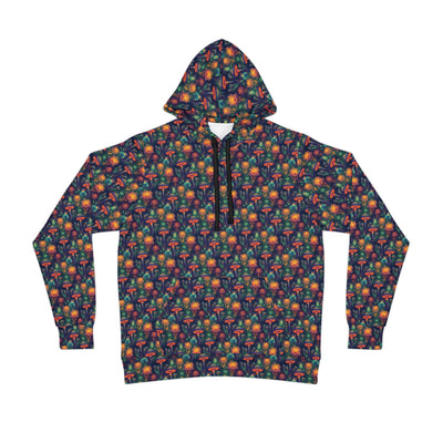 Mushroom Pattern Athletic Hoodie — Colorful All-Over Print Outdoor Pullover