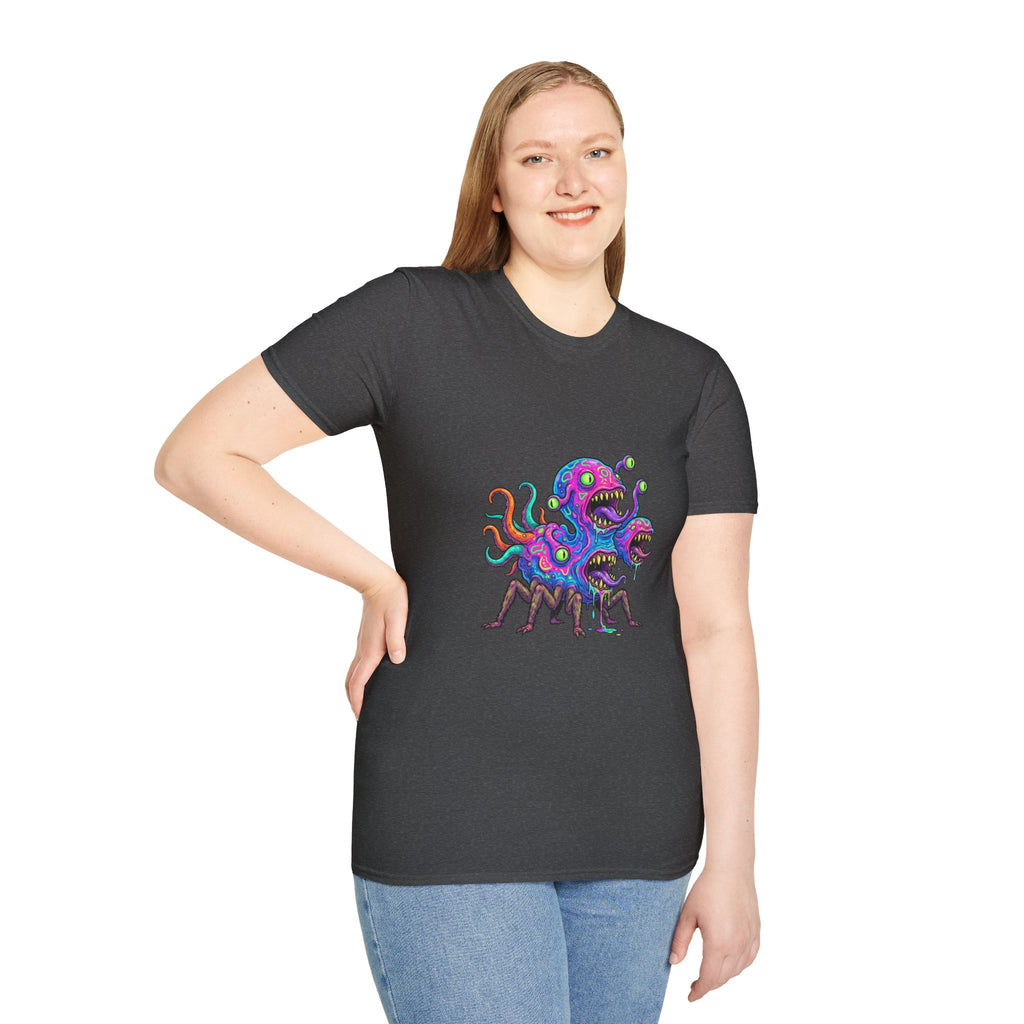 Monster Crew T-Shirt — Neon Three-Headed Alien Graphic Tee