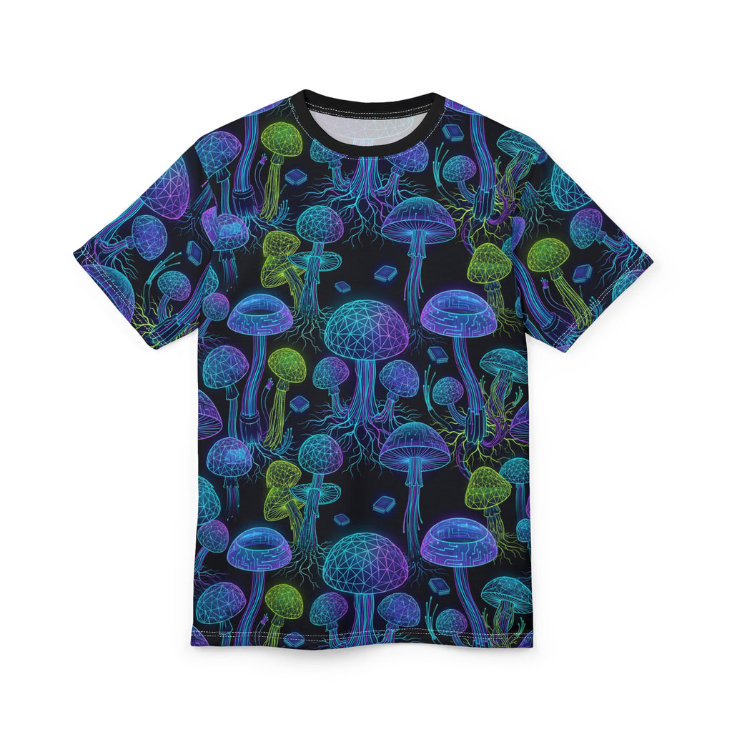Mushroom Glow Tee — Neon Psychedelic All-Over Print T-Shirt