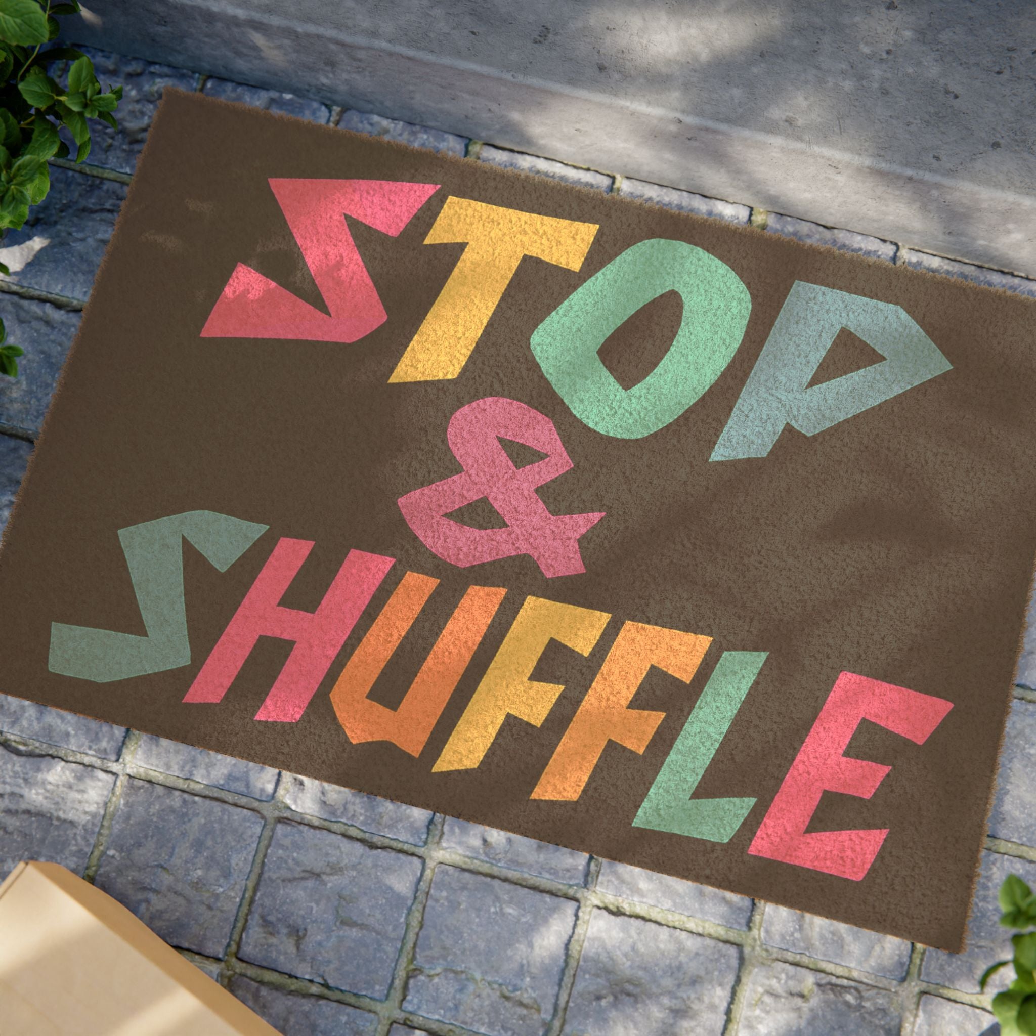 Colorful "Stop & Shuffle" Doormat - Fun Entryway Rug, Personalized Home Decor, Gift for Friends, Indoor/Outdoor Mat
