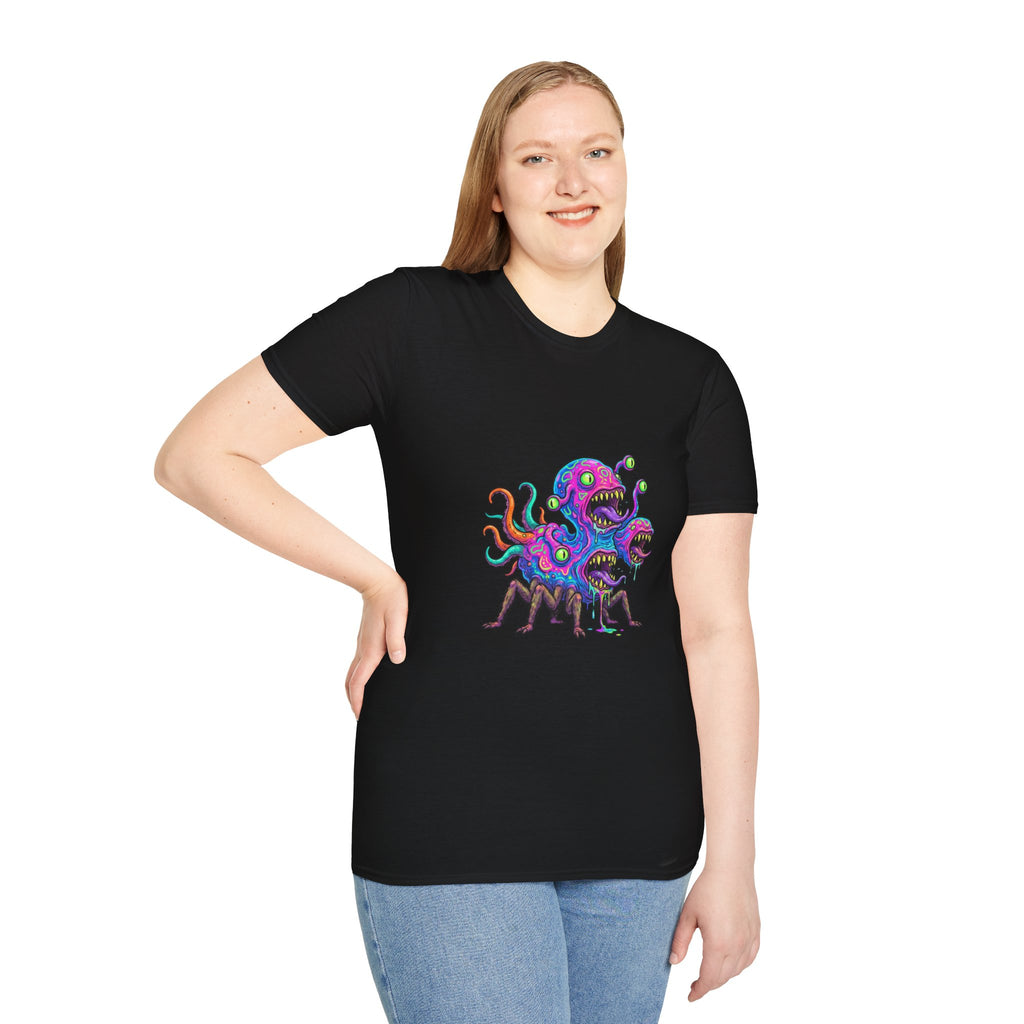 Monster Crew T-Shirt — Neon Three-Headed Alien Graphic Tee